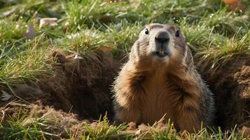 ai genererad groundhog framväxande från dess håla foto