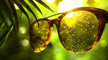 ai genererad tropisk sommar begrepp solglasögon med vatten droppar på grön lövverk bakgrund foto