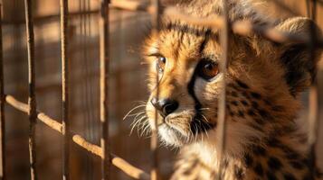 ai genererad en bebis gepard är ser ut av en bur foto