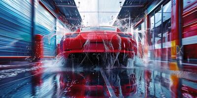 ai genererad en bil löpning genom ett automatisk bil tvätta med borstar och vatten slå fordon. foto