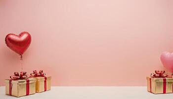 ai genererad röd hjärta ballong på persika bakgrund med insvept närvarande lådor. valentine dag och kvinnors dag firande, födelsedag fest inbjudningar. kopia Plats för text foto