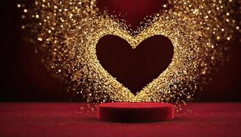 ai genererad kärlek, hjärta, firande. hjärta på texturerad yta under, mjuk fokus gyllene lampor skapa bokeh i bakgrund. firande kort eller romantisk evenemang inbjudan. valentine dag foto