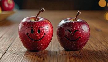ai genererad äpple ondska leende - ristade ondska leende på äpple, trä- yta, inomhus- belysning. foto