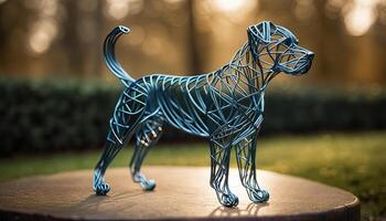 ai genererad hund böjd tråd figur på suddig bakgrund, abstrakt tråd hund kreativ siffror, konst och fantasi genomskärning. foto