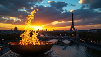 ai genererad paris olympiska spel solnedgång, eiffel torn flamma foto