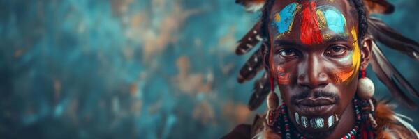 ai genererad afrikansk man med traditionell ansikte måla och klädsel, symboliserar kulturell arv och mångfald, mot en bokeh bakgrund foto