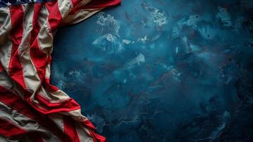 ai genererad amerikan flagga på en texturerad blå bakgrund med kopia Plats, symboliserar patriotism för förenad stater högtider tycka om oberoende dag eller minnesmärke dag foto