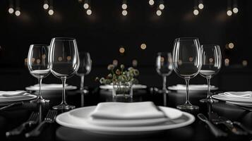 ai genererad elegant dining tabell miljö med vin glasögon, tallrikar, och bestick på en glansig svart yta, markerad förbi mjuk bokeh lampor idealisk för exklusiva evenemang eller romantisk middagar foto