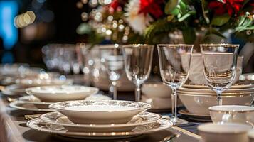 ai genererad elegant Semester tabell miljö med bra Kina och glas, terar festlig jul blommig arrangemang i en lyxig dining atmosfär foto