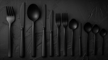 ai genererad enfärgad svart bestick uppsättning anordnad på en mörk texturerad bakgrund, perfekt för modern dining dekor teman eller minimalistisk köksutrustning kampanjer foto