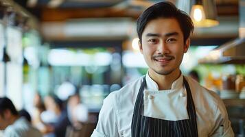 ai genererad självsäker ung asiatisk manlig kock i en kommersiell kök med en suddig restaurang bakgrund, representerar professionalism och gästfrihet foto