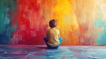 ai genererad ung barn Sammanträde kontemplativt på en färgrik målad golv mot en vibrerande abstrakt vägg, symboliserar kreativitet, introspektion, och konstnärlig uttryck foto