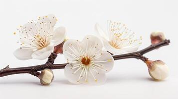 ai genererad stänga upp se av en delikat plommon blomma, isolerat på en vit bakgrund foto