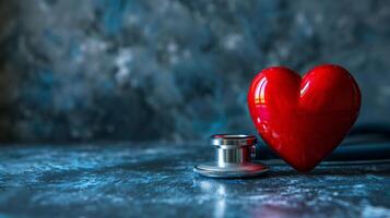 ai genererad röd hjärta och stetoskop på en blå texturerad bakgrund, konceptuell stock bild relaterad till sjukvård och kärlek, idealisk för värld hjärta dag kampanjer och medicinsk teman foto