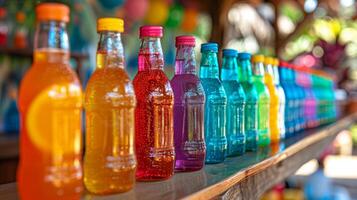 ai genererad färgrik flaskor av kall uppfriskande sommar drycker fodrad upp på en trä- bar med en bokeh bakgrund, idealisk för parter och fester foto