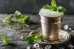 ai genererad frostig mynta julep eras i traditionell silver- kopp med färsk mynta foto