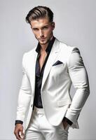 ai genererad stilig caucasian manlig modell Framställ i en eleganta vit kostym på en grå bakgrund, idealisk för mode och ny år eve tema innehåll foto