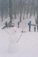 leende snögubbe med händer-kvistar står i en snöig skog mot de bakgrund av människor gående foto