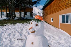 leende snögubbe i en kastrull hatt står i de gård av en trä- stuga foto