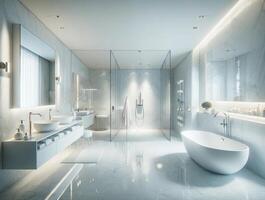 ai genererad en samtida och lyxig badrum i en high-end Hem, designad med en rena, vit tema. de mittpunkten av de badrum är en modern foto