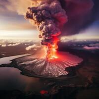 ai genererad en vulkan i island nära de stad av grindavik bryter ut, lava strömmande till de stad foto