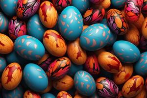 ai genererad ljus Färg vibrerande ägg bakgrund mönster ägg. Semester påsk klassisk traditionell symbol. grafisk konst foto