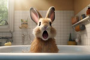ai genererad liten påsk kanin djur- kanin har roligt i de badrum foto