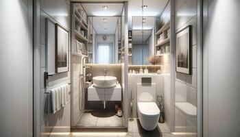 ai genererad små badrum med en modern design stil. de Plats, fastän kompakt, är effektivt och snyggt designad foto