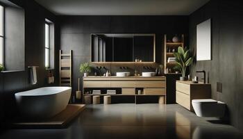ai genererad modern minimalistisk mörk badrum interiör foto