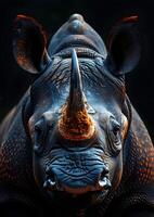 ai genererad närbild av en noshörning med en lång horn, visa upp vilda djur och växter i mörker foto