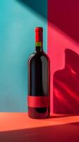 ai genererad en röd vin flaska vilar på de tabell, dess kork säkrad förbi en propp foto