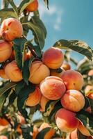 ai genererad frukt växande på en persika träd under de solig himmel foto