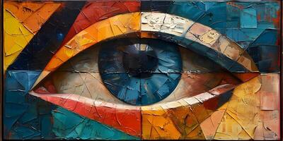 ai genererad en färgrik målning av ett öga med en blå elev foto