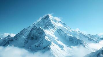 ai genererad en berg topp med snötäckt sluttningar och en klar blå himmel, betona de prakt foto