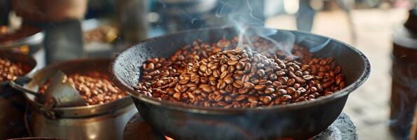 ai genererad nyligen rostad aromatisk kaffe bönor på modern kaffe rostning maskin för rik smak foto