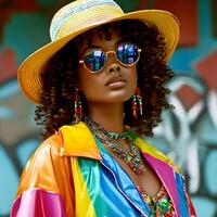 ai genererad attraktiv kvinna med glasögon bär en färgrik utrusta reflekterande 80s mode. generativ ai foto