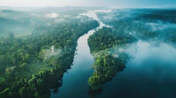 ai genererad flod i regnskog landskap från Drönare se. grön djungel scen av natur och vatten ström - antenn se av skön amazon miljö foto