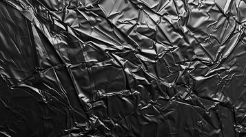 ai genererad rynkig plast slå in textur på svart bakgrund. avfall, transparent, textur, skrynkla, effekt, paket, crumple foto
