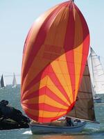 berkeley, ca, 2007 - segelbåt löpning innan de vind med spinnaker segla foto