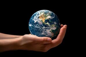 ai genererad mänsklig hand innehav de planet jord , svart bakgrund foto