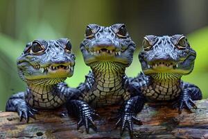 ai genererad krokodil bebis grupp av djur hängande ut på en gren, söt, leende, förtjusande foto