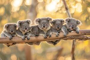 ai genererad koala bebis grupp av djur hängande ut på en gren, söt, leende, förtjusande foto