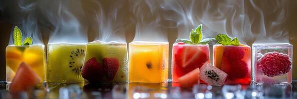 ai genererad rad av fruktfylld is kuber emitterande rök, en unik dryck presentation foto