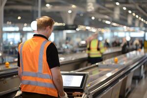 ai genererad ett ingenjör i hög synlighet väst är övervaka en transportband bälte foto