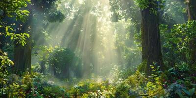 ai genererad solljus filtrering genom skog träd, belysande de naturlig landskap foto