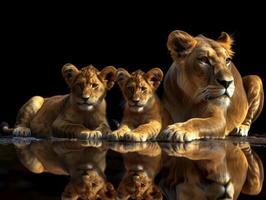 ai genererad de lejon familj på en svart bakgrund foto