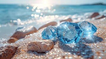 ai genererad naturlig lysande glas stenar på de stranden. de strand med glas stenar foto