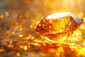 ai genererad lysande gyllene diamant på skimrande bakgrund foto