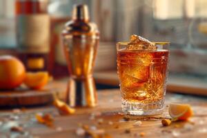 ai genererad kyld gammal fashioned cocktail med orange skala foto