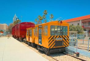 haifa, Israel - 10 Maj, 2023. en underhåll tåg bil i de öppen luft del av de Israel järnväg museum. foto